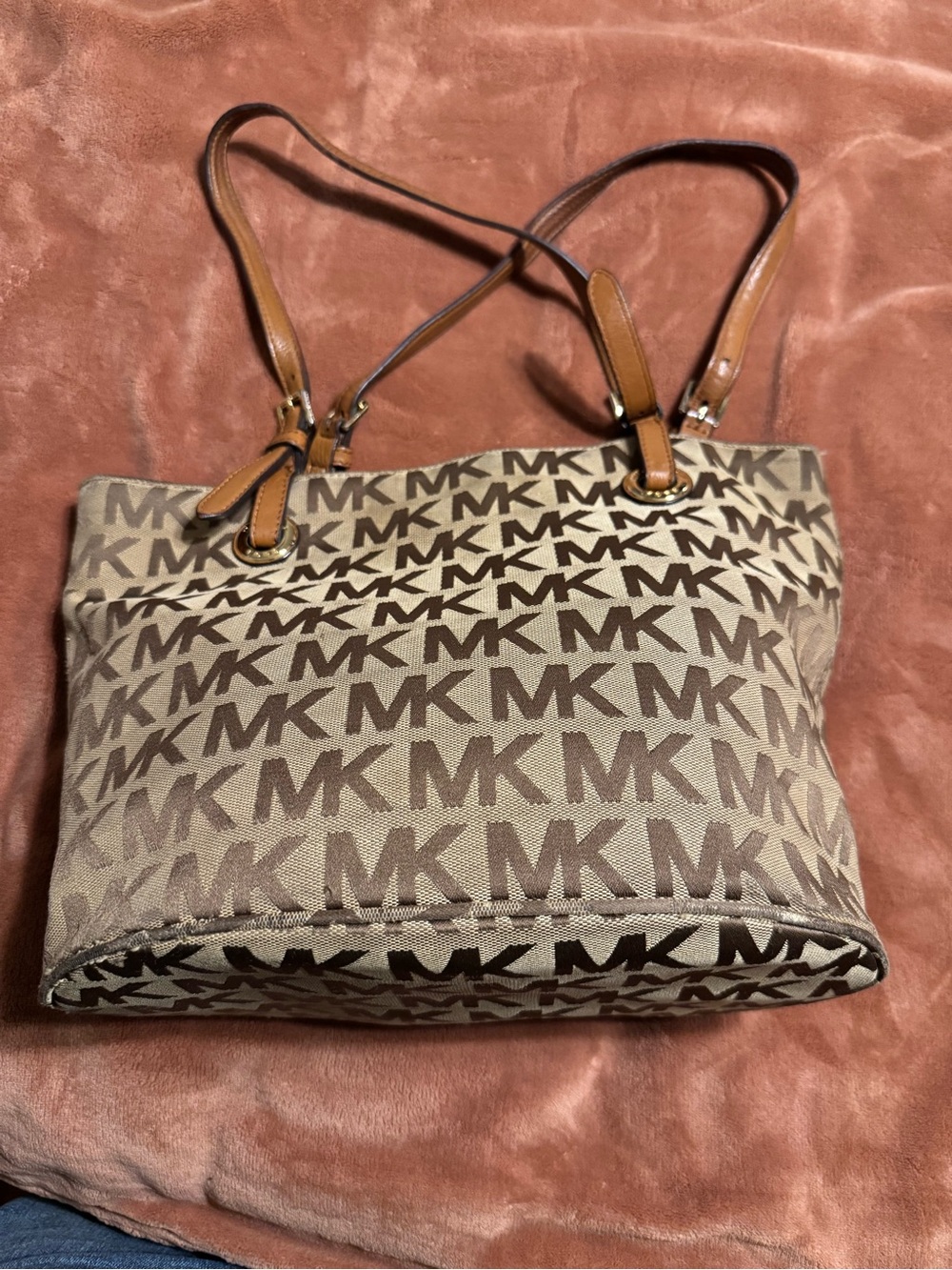 Michael Kors Brown Logo MK Tote with Tan Leather Straps